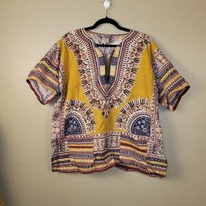 African Dashiki Top One Size 100% Cotton Yellow Tribal Print Short Sleeve Vintag